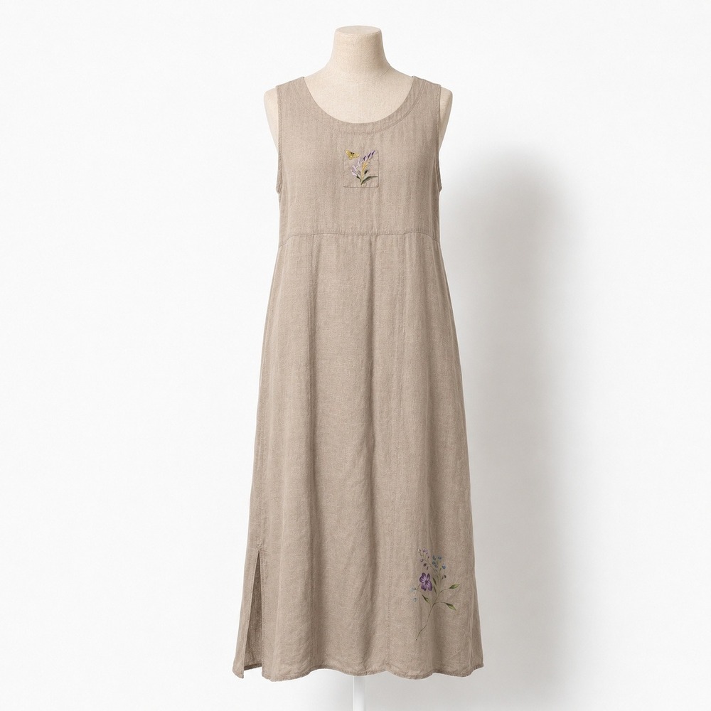 Vintage 90s Silk Linen Floral Maxi Dress Size L Petite Tan Cottagecore Coastal